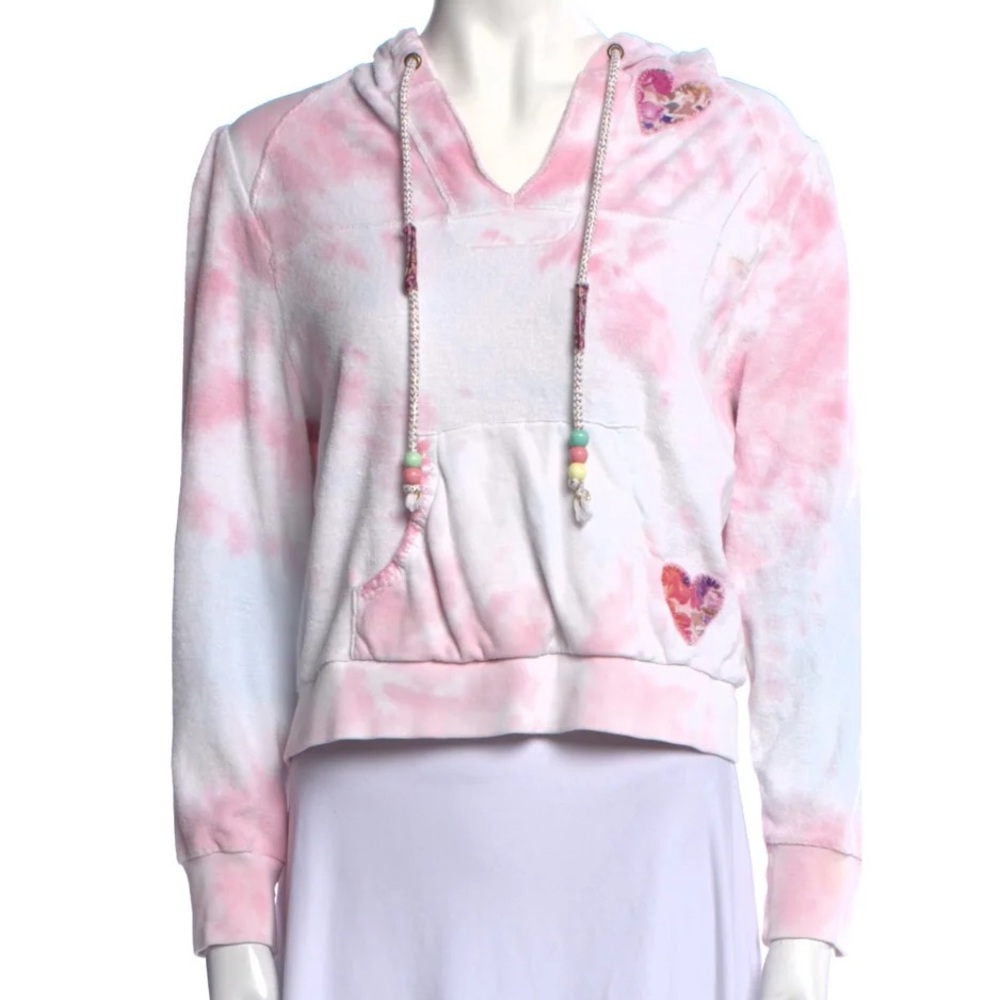 LoveShackFancy Tie-Dye V-Neck Raw Cut Applique Hoodie size small
